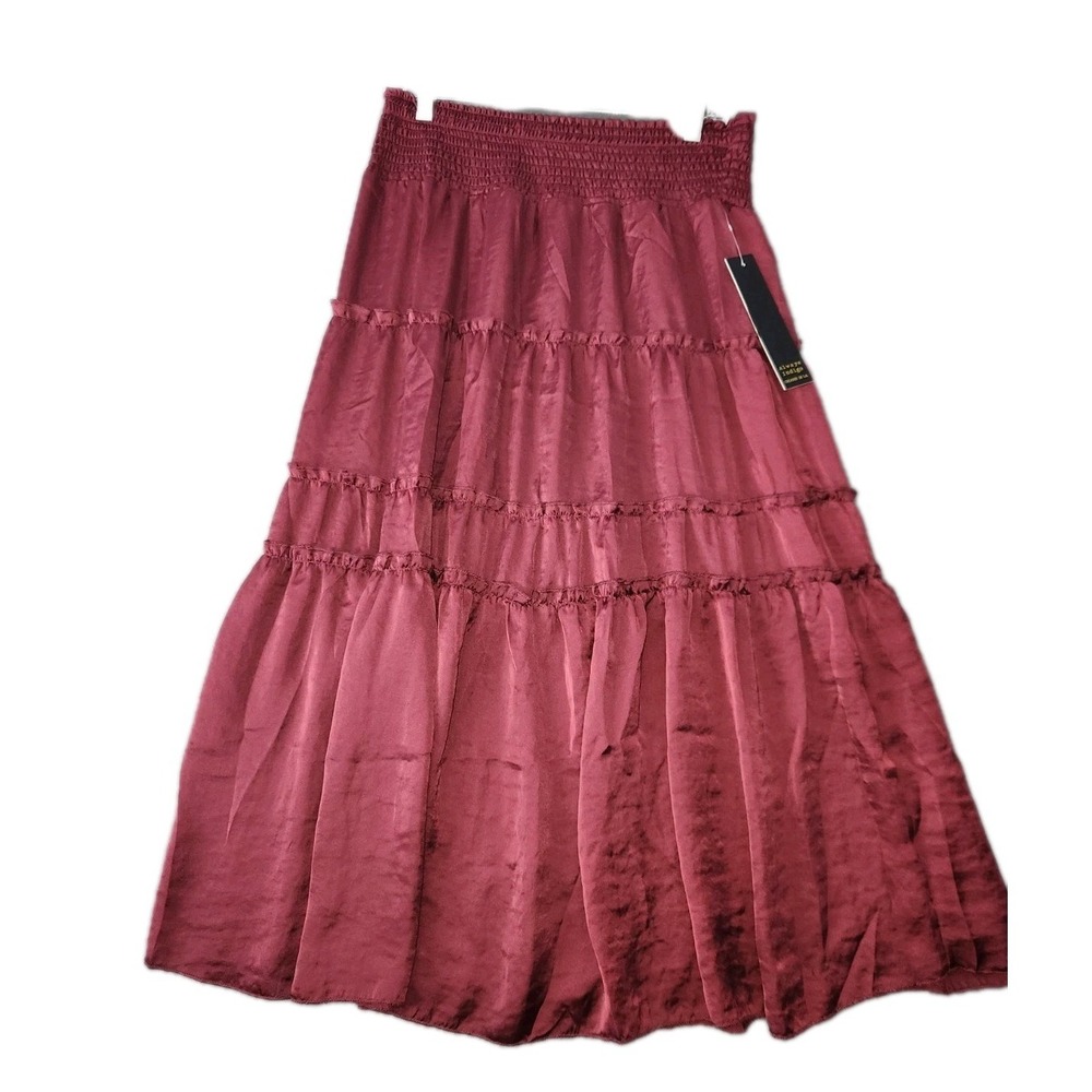 Indigo Rose Sz M Burgundy Crinkle Silky Tiered Midi Skirt Boho Cottagecore NWT